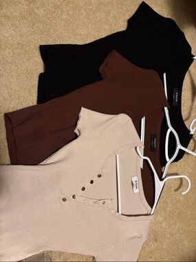 Ribbed Short Sleeve Tops — Beige, Brown & Black